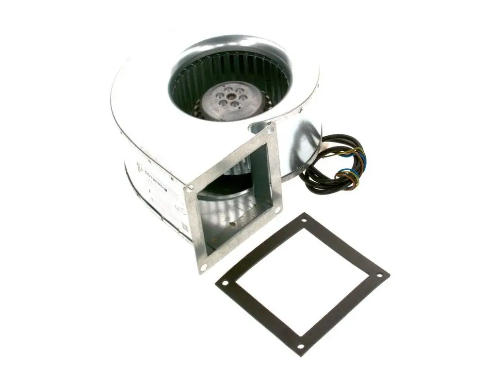 Bosch-Gebläse mit runder Bauform und elektrischen Anschlusskabeln, neben einer passenden Montageplatte auf einem weißen Hintergrund.